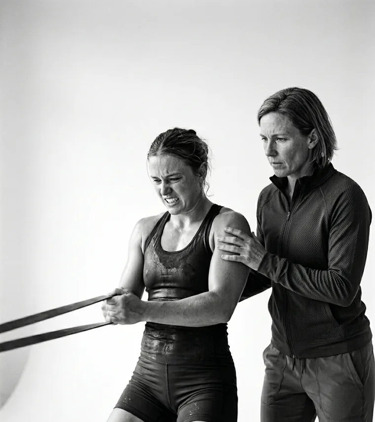 A coach steadies an athlete mid-effort
