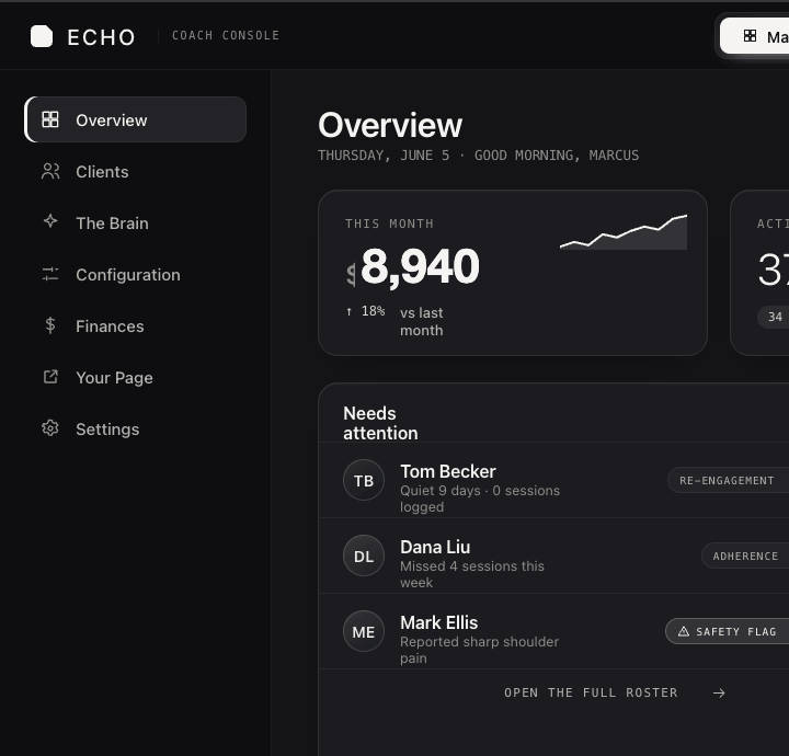 Tenura coach console — overview with active clients and the needs-attention queue